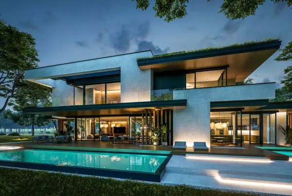 Park yeri ve havuzu satılık olan üç katlı bir ev. Ya da beton dış görünüş ve güzel peyzaj ile kiralanmış. Gökyüzünde bir sürü yıldızla berrak bir yaz gecesi