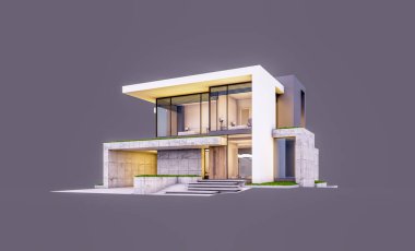 Otoparkı ve havuzu satılık ya da kiralık, beton cepheli ve arka planda güzel peyzajlı üç boyutlu çatı evi. Akşamları. Gri renkte izole edilmiş