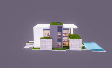 Otoparkı ve havuzu satılık ya da kiralık, beton cepheli ve arka planda güzel peyzajlı üç boyutlu çatı evi. Akşamları. Gri renkte izole edilmiş