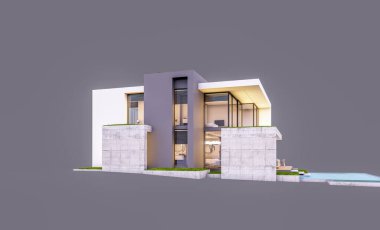 Otoparkı ve havuzu satılık ya da kiralık, beton cepheli ve arka planda güzel peyzajlı üç boyutlu çatı evi. Akşamları. Gri renkte izole edilmiş