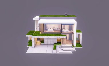 Otoparkı ve havuzu satılık ya da kiralık, beton cepheli ve arka planda güzel peyzajlı üç boyutlu çatı evi. Akşamları. Gri renkte izole edilmiş