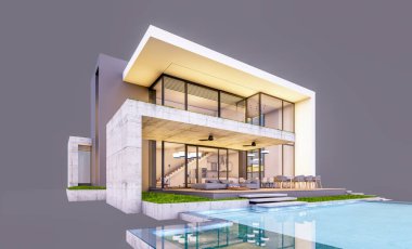 Otoparkı ve havuzu satılık ya da kiralık, beton cepheli ve arka planda güzel peyzajlı üç boyutlu çatı evi. Akşamları. Gri renkte izole edilmiş