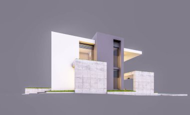 Otoparkı ve havuzu satılık ya da kiralık, beton cepheli ve arka planda güzel peyzajlı üç boyutlu çatı evi. Akşamları. Gri renkte izole edilmiş