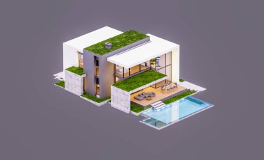 Otoparkı ve havuzu satılık ya da kiralık, beton cepheli ve arka planda güzel peyzajlı üç boyutlu çatı evi. Akşamları. Gri renkte izole edilmiş