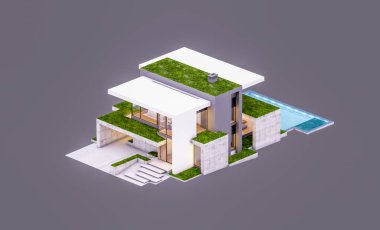 Otoparkı ve havuzu satılık ya da kiralık, beton cepheli ve arka planda güzel peyzajlı üç boyutlu çatı evi. Akşamları. Gri renkte izole edilmiş