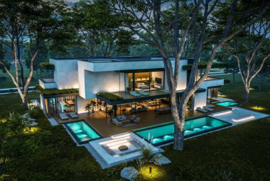 Park yeri ve havuzu satılık olan üç katlı bir ev. Ya da beton dış görünüş ve güzel peyzaj ile kiralanmış. Gökyüzünde bir sürü yıldızla berrak bir yaz gecesi