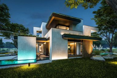 Park yeri ve havuzu satılık olan üç katlı bir ev. Ya da beton dış görünüş ve güzel peyzaj ile kiralanmış. Gökyüzünde bir sürü yıldızla berrak bir yaz gecesi