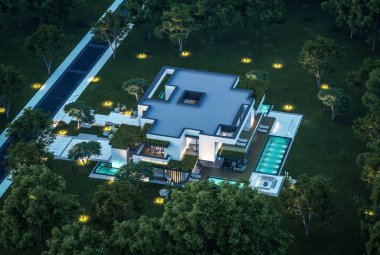 Park yeri ve havuzu satılık olan üç katlı bir ev. Ya da beton dış görünüş ve güzel peyzaj ile kiralanmış. Gökyüzünde bir sürü yıldızla berrak bir yaz gecesi