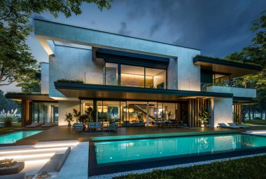 Park yeri ve havuzu satılık olan üç katlı bir ev. Ya da beton dış görünüş ve güzel peyzaj ile kiralanmış. Gökyüzünde bir sürü yıldızla berrak bir yaz gecesi