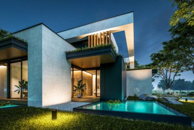 Park yeri ve havuzu satılık olan üç katlı bir ev. Ya da beton dış görünüş ve güzel peyzaj ile kiralanmış. Gökyüzünde bir sürü yıldızla berrak bir yaz gecesi