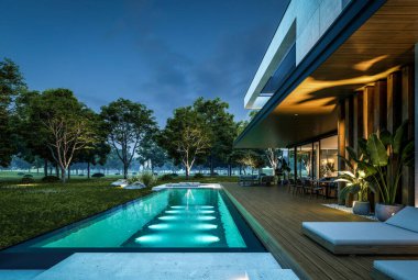 Park yeri ve havuzu satılık olan üç katlı bir ev. Ya da beton dış görünüş ve güzel peyzaj ile kiralanmış. Gökyüzünde bir sürü yıldızla berrak bir yaz gecesi