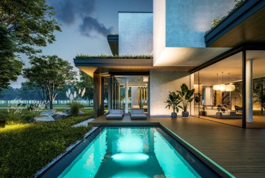 Park yeri ve havuzu satılık olan üç katlı bir ev. Ya da beton dış görünüş ve güzel peyzaj ile kiralanmış. Gökyüzünde bir sürü yıldızla berrak bir yaz gecesi