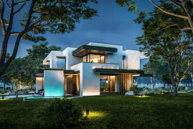 Park yeri ve havuzu satılık olan üç katlı bir ev. Ya da beton dış görünüş ve güzel peyzaj ile kiralanmış. Gökyüzünde bir sürü yıldızla berrak bir yaz gecesi