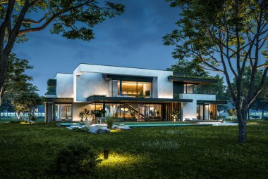 Park yeri ve havuzu satılık olan üç katlı bir ev. Ya da beton dış görünüş ve güzel peyzaj ile kiralanmış. Gökyüzünde bir sürü yıldızla berrak bir yaz gecesi