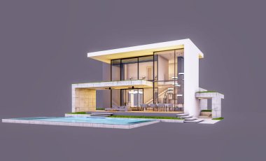 Otoparkı ve havuzu satılık ya da kiralık, beton cepheli ve arka planda güzel peyzajlı üç boyutlu çatı evi. Akşamları. Gri renkte izole edilmiş