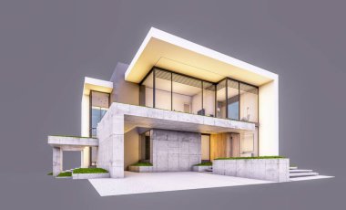 Otoparkı ve havuzu satılık ya da kiralık, beton cepheli ve arka planda güzel peyzajlı üç boyutlu çatı evi. Akşamları. Gri renkte izole edilmiş