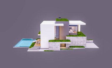 Otoparkı ve havuzu satılık ya da kiralık, beton cepheli ve arka planda güzel peyzajlı üç boyutlu çatı evi. Akşamları. Gri renkte izole edilmiş