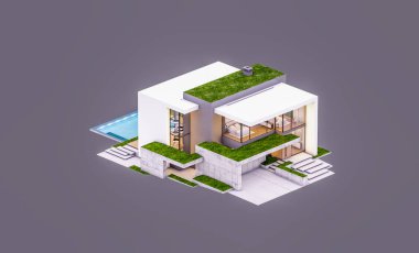 Otoparkı ve havuzu satılık ya da kiralık, beton cepheli ve arka planda güzel peyzajlı üç boyutlu çatı evi. Akşamları. Gri renkte izole edilmiş