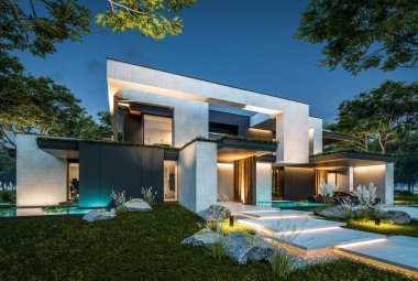 Park yeri ve havuzu satılık olan üç katlı bir ev. Ya da beton dış görünüş ve güzel peyzaj ile kiralanmış. Gökyüzünde bir sürü yıldızla berrak bir yaz gecesi