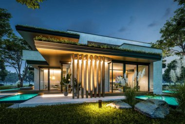 Park yeri ve havuzu satılık olan üç katlı bir ev. Ya da beton dış görünüş ve güzel peyzaj ile kiralanmış. Gökyüzünde bir sürü yıldızla berrak bir yaz gecesi