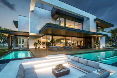 Park yeri ve havuzu satılık olan üç katlı bir ev. Ya da beton dış görünüş ve güzel peyzaj ile kiralanmış. Gökyüzünde bir sürü yıldızla berrak bir yaz gecesi