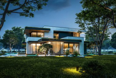 Park yeri ve havuzu satılık olan üç katlı bir ev. Ya da beton dış görünüş ve güzel peyzaj ile kiralanmış. Gökyüzünde bir sürü yıldızla berrak bir yaz gecesi