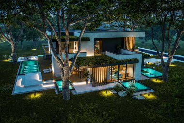 Park yeri ve havuzu satılık olan üç katlı bir ev. Ya da beton dış görünüş ve güzel peyzaj ile kiralanmış. Gökyüzünde bir sürü yıldızla berrak bir yaz gecesi