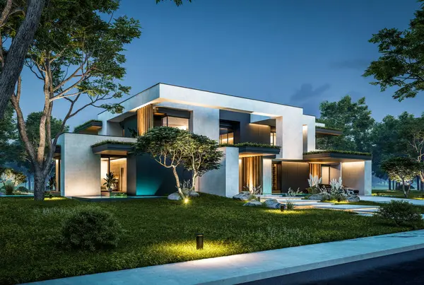 Park yeri ve havuzu satılık olan üç katlı bir ev. Ya da beton dış görünüş ve güzel peyzaj ile kiralanmış. Gökyüzünde bir sürü yıldızla berrak bir yaz gecesi