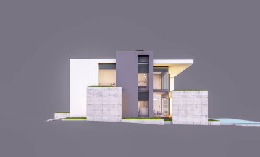 Otoparkı ve havuzu satılık ya da kiralık, beton cepheli ve arka planda güzel peyzajlı üç boyutlu çatı evi. Akşamları. Gri renkte izole edilmiş