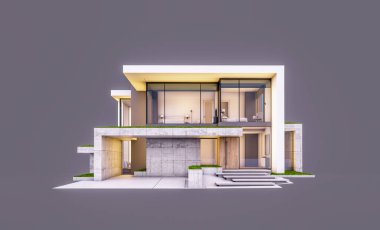 Otoparkı ve havuzu satılık ya da kiralık, beton cepheli ve arka planda güzel peyzajlı üç boyutlu çatı evi. Akşamları. Gri renkte izole edilmiş