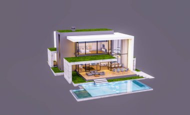 Otoparkı ve havuzu satılık ya da kiralık, beton cepheli ve arka planda güzel peyzajlı üç boyutlu çatı evi. Akşamları. Gri renkte izole edilmiş