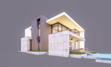 Otoparkı ve havuzu satılık ya da kiralık, beton cepheli ve arka planda güzel peyzajlı üç boyutlu çatı evi. Akşamları. Gri renkte izole edilmiş