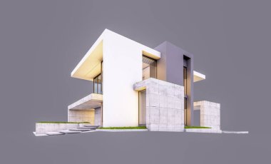 Otoparkı ve havuzu satılık ya da kiralık, beton cepheli ve arka planda güzel peyzajlı üç boyutlu çatı evi. Akşamları. Gri renkte izole edilmiş