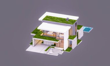 Otoparkı ve havuzu satılık ya da kiralık, beton cepheli ve arka planda güzel peyzajlı üç boyutlu çatı evi. Akşamları. Gri renkte izole edilmiş