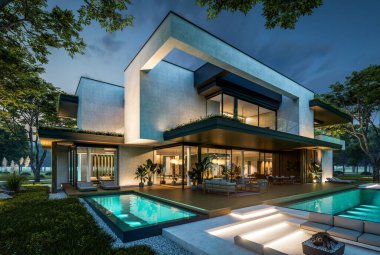 Park yeri ve havuzu satılık olan üç katlı bir ev. Ya da beton dış görünüş ve güzel peyzaj ile kiralanmış. Gökyüzünde bir sürü yıldızla berrak bir yaz gecesi