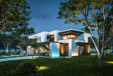 Park yeri ve havuzu satılık olan üç katlı bir ev. Ya da beton dış görünüş ve güzel peyzaj ile kiralanmış. Gökyüzünde bir sürü yıldızla berrak bir yaz gecesi