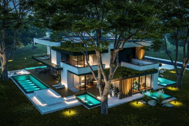 Park yeri ve havuzu satılık olan üç katlı bir ev. Ya da beton dış görünüş ve güzel peyzaj ile kiralanmış. Gökyüzünde bir sürü yıldızla berrak bir yaz gecesi