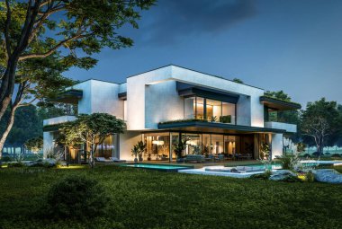 Park yeri ve havuzu satılık olan üç katlı bir ev. Ya da beton dış görünüş ve güzel peyzaj ile kiralanmış. Gökyüzünde bir sürü yıldızla berrak bir yaz gecesi