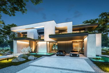 Park yeri ve havuzu satılık olan üç katlı bir ev. Ya da beton dış görünüş ve güzel peyzaj ile kiralanmış. Gökyüzünde bir sürü yıldızla berrak bir yaz gecesi