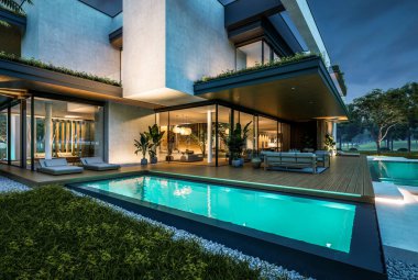 Park yeri ve havuzu satılık olan üç katlı bir ev. Ya da beton dış görünüş ve güzel peyzaj ile kiralanmış. Gökyüzünde bir sürü yıldızla berrak bir yaz gecesi