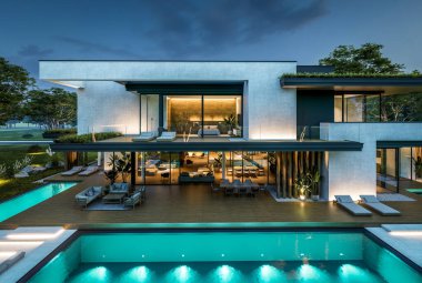 Park yeri ve havuzu satılık olan üç katlı bir ev. Ya da beton dış görünüş ve güzel peyzaj ile kiralanmış. Gökyüzünde bir sürü yıldızla berrak bir yaz gecesi