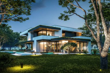 Park yeri ve havuzu satılık olan üç katlı bir ev. Ya da beton dış görünüş ve güzel peyzaj ile kiralanmış. Gökyüzünde bir sürü yıldızla berrak bir yaz gecesi