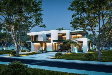 Park yeri ve havuzu satılık olan üç katlı bir ev. Ya da beton dış görünüş ve güzel peyzaj ile kiralanmış. Gökyüzünde bir sürü yıldızla berrak bir yaz gecesi