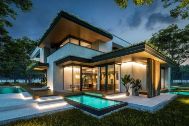 Park yeri ve havuzu satılık olan üç katlı bir ev. Ya da beton dış görünüş ve güzel peyzaj ile kiralanmış. Gökyüzünde bir sürü yıldızla berrak bir yaz gecesi