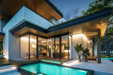 Park yeri ve havuzu satılık olan üç katlı bir ev. Ya da beton dış görünüş ve güzel peyzaj ile kiralanmış. Gökyüzünde bir sürü yıldızla berrak bir yaz gecesi