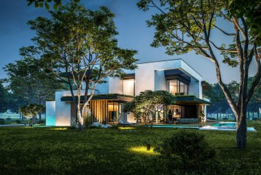 Park yeri ve havuzu satılık olan üç katlı bir ev. Ya da beton dış görünüş ve güzel peyzaj ile kiralanmış. Gökyüzünde bir sürü yıldızla berrak bir yaz gecesi