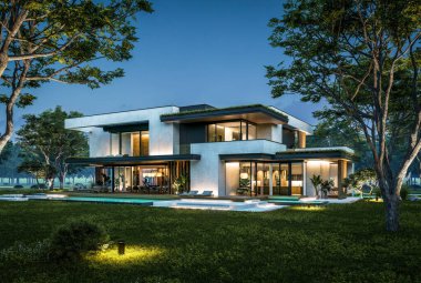 Park yeri ve havuzu satılık olan üç katlı bir ev. Ya da beton dış görünüş ve güzel peyzaj ile kiralanmış. Gökyüzünde bir sürü yıldızla berrak bir yaz gecesi