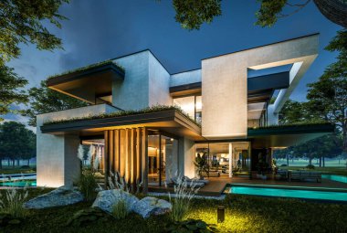 Park yeri ve havuzu satılık olan üç katlı bir ev. Ya da beton dış görünüş ve güzel peyzaj ile kiralanmış. Gökyüzünde bir sürü yıldızla berrak bir yaz gecesi