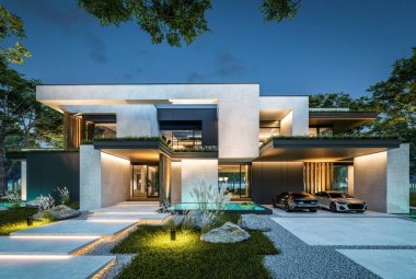 Park yeri ve havuzu satılık olan üç katlı bir ev. Ya da beton dış görünüş ve güzel peyzaj ile kiralanmış. Gökyüzünde bir sürü yıldızla berrak bir yaz gecesi