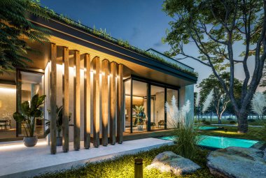 Park yeri ve havuzu satılık olan üç katlı bir ev. Ya da beton dış görünüş ve güzel peyzaj ile kiralanmış. Gökyüzünde bir sürü yıldızla berrak bir yaz gecesi